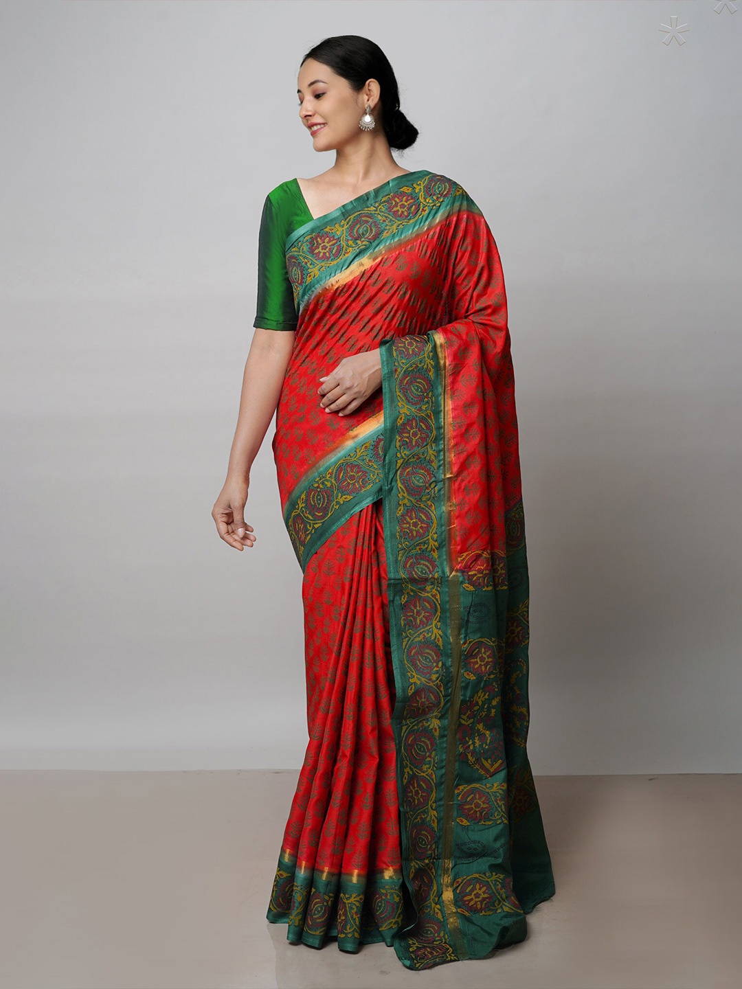 

Unnati Silks Floral Printed Zari Silk Cotton Baluchari Saree, Red