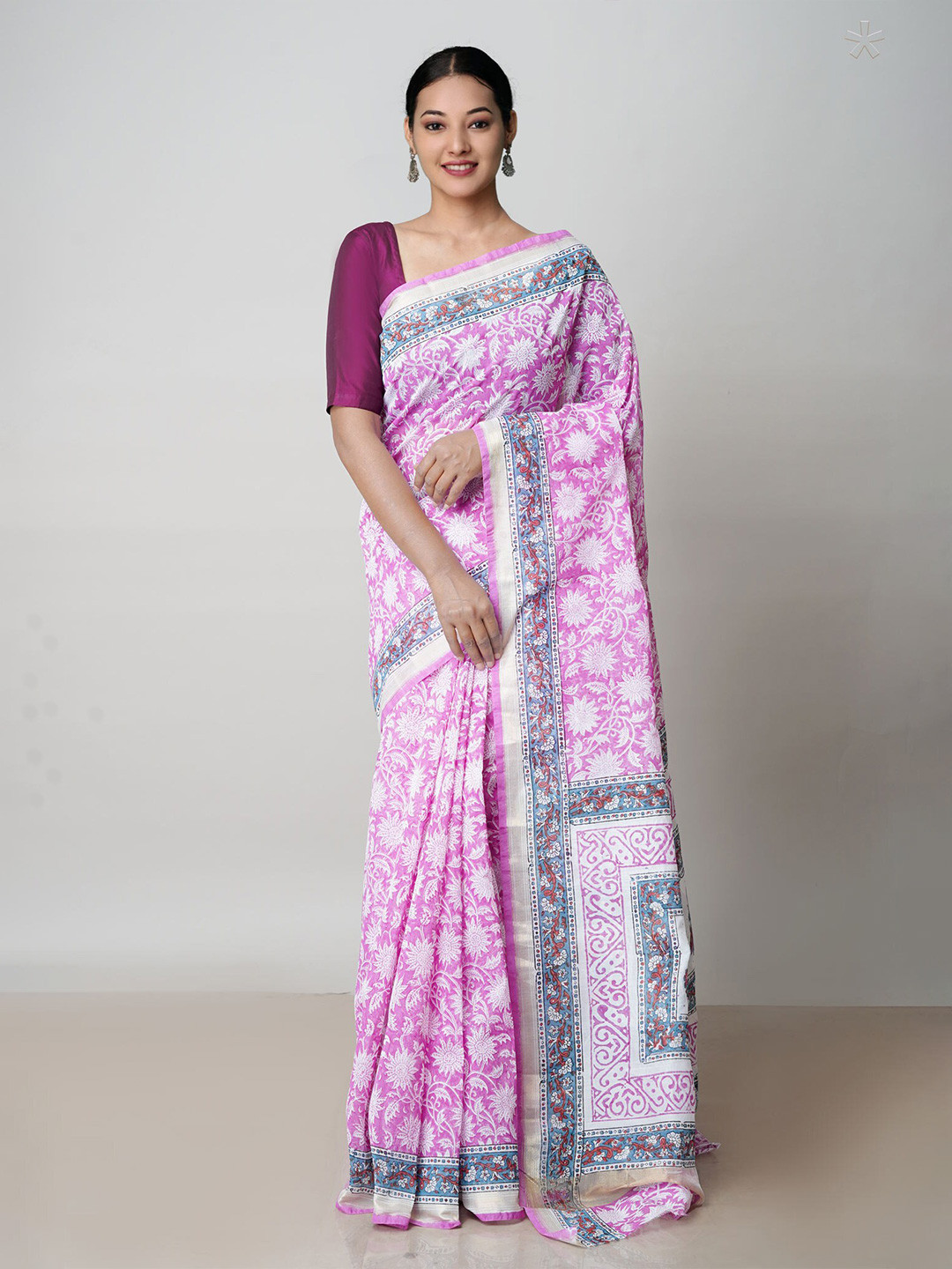 

Unnati Silks Floral Printed Zari Silk Cotton Chanderi Saree, Pink