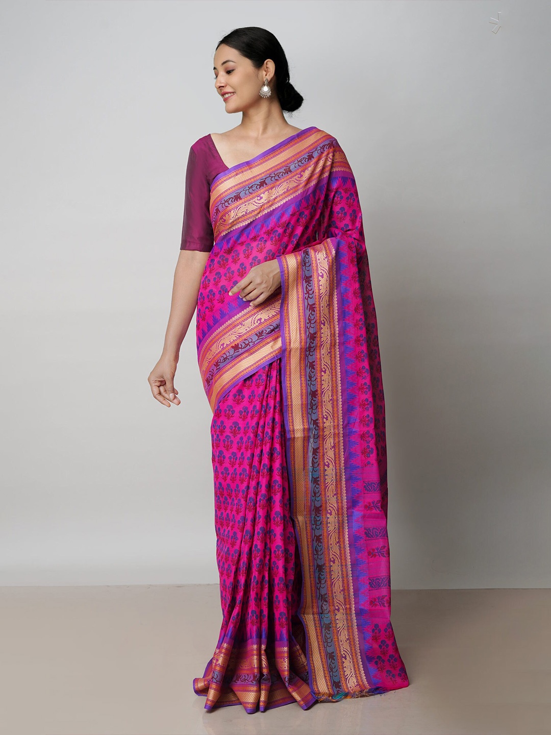 

Unnati Silks Floral Printed Zari Kanjeevaram Saree, Pink