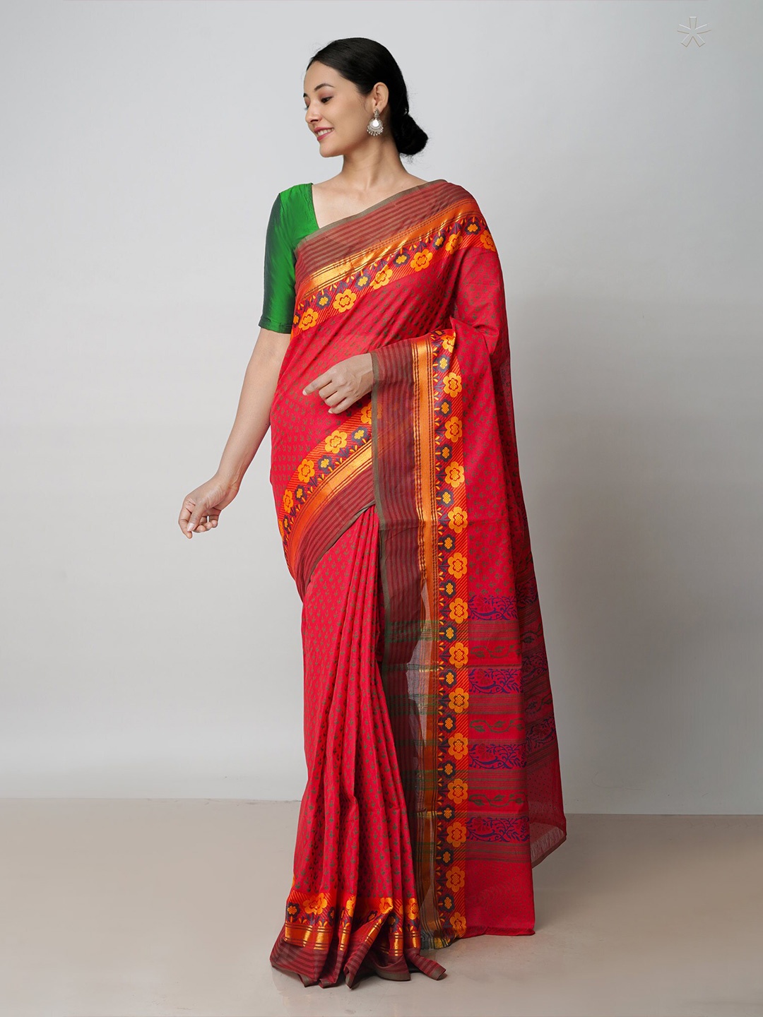 

Unnati Silks Floral Printed Zari Pure Cotton Handloom Chettinad Saree, Red