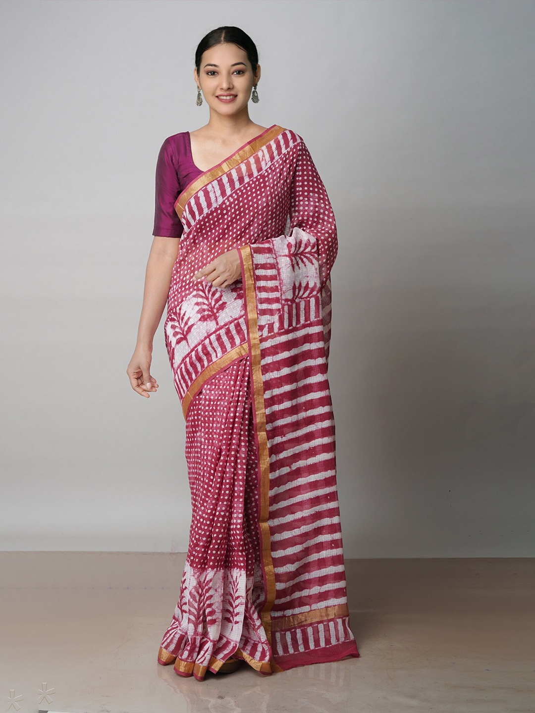

Unnati Silks Dabu Printed Zari Pure Cotton Handloom Kota Saree, Pink