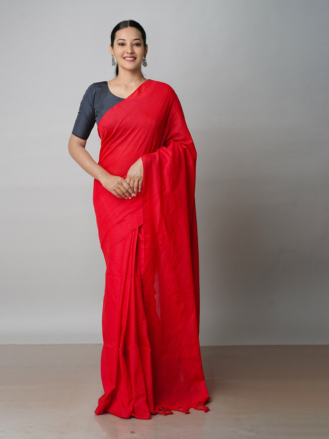 

Unnati Silks Pure Linen Handloom Jamdani Saree, Red