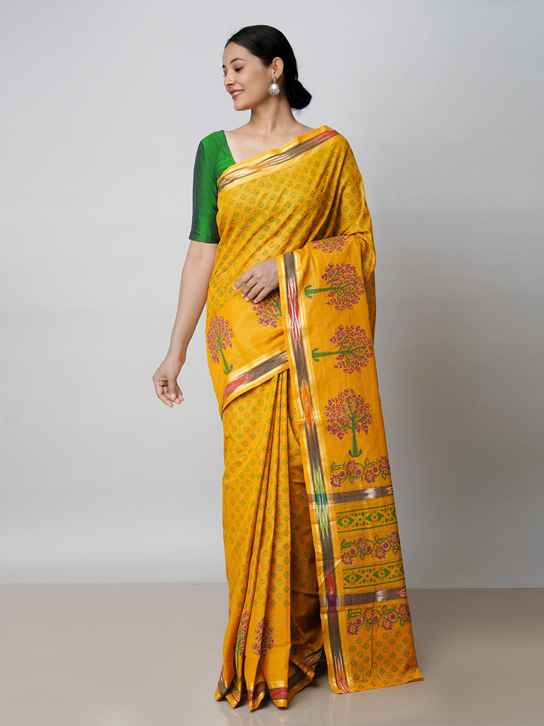 

Unnati Silks Floral Printed Zari Pure Cotton Handloom Chettinad Saree, Yellow