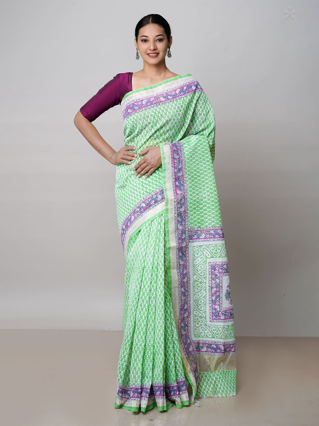 

Unnati Silks Floral Printed Silk Cotton Chanderi Saree, Green