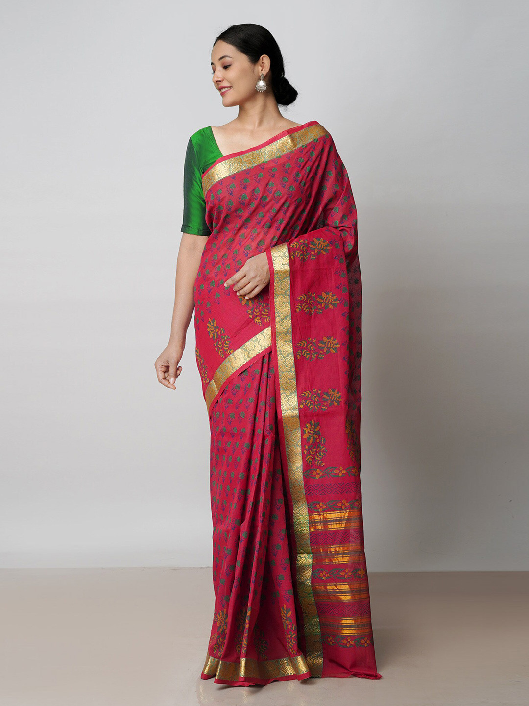 

Unnati Silks Floral Printed Zari Pure Cotton Handloom Chettinad Saree, Maroon