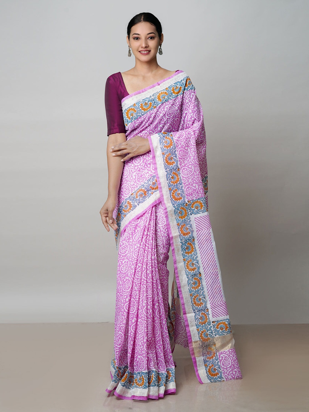 

Unnati Silks Paisley Printed Zari Silk Cotton Chanderi Saree, Pink