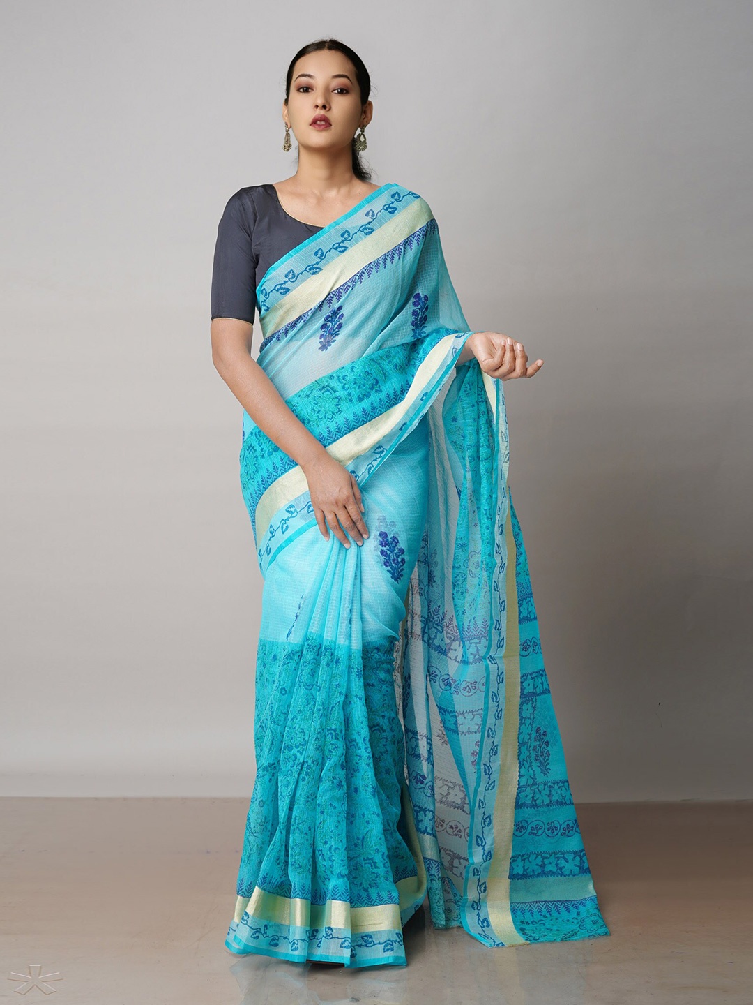 

Unnati Silks Floral printed Zari Pure Cotton Kota Handloom Saree, Blue