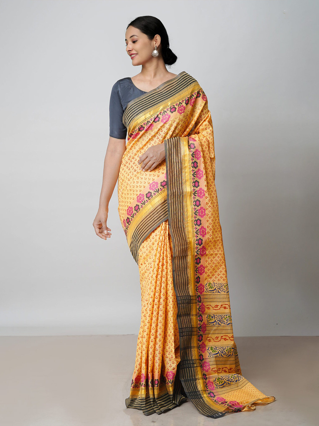 

Unnati Silks Floral Printed Zari Pure Cotton Handloom Chettinad Saree, Orange