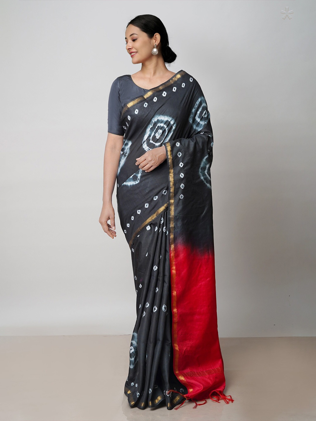 

Unnati Silks Bandhani Printed Zari Silk Cotton Chanderi Saree, Black