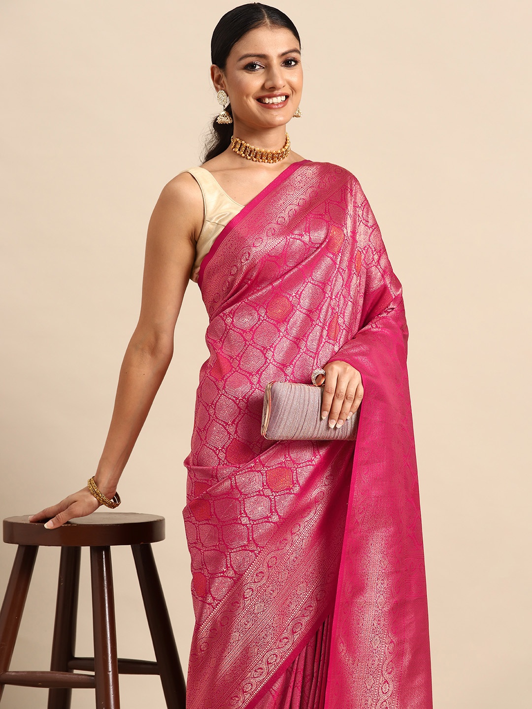 

SAARYA Ethnic Motifs Zari Silk Blend Kanjeevaram Saree, Pink