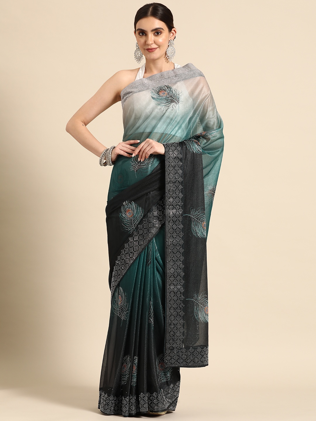 

SAARYA Ethnic Motifs Sequinned Saree, Teal