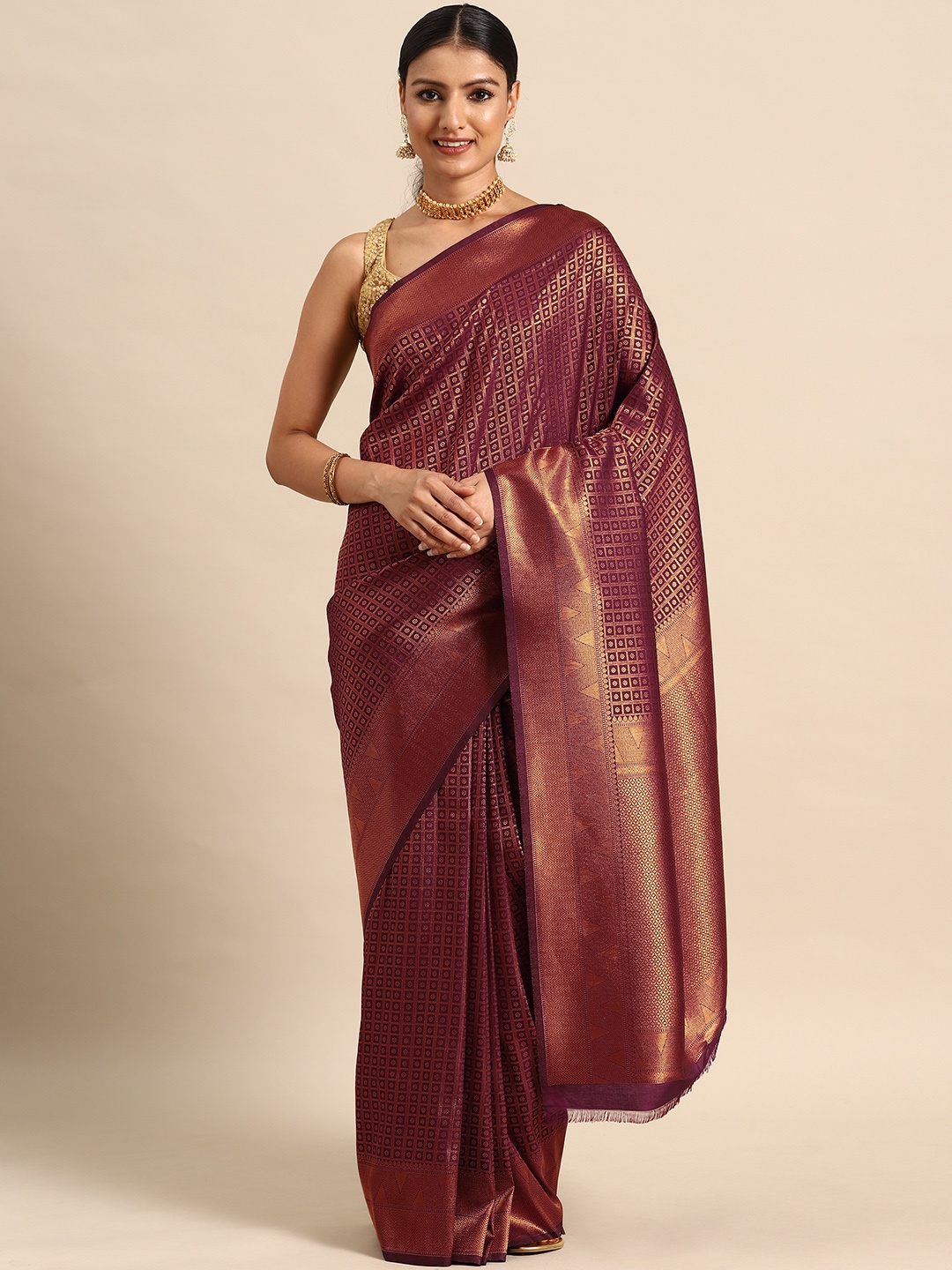 

SAARYA Zari Silk Blend Kanjeevaram Saree, Burgundy