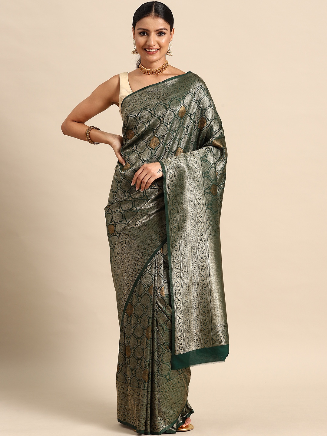

SAARYA Ethnic Motifs Zari Silk Blend Kanjeevaram Saree, Green