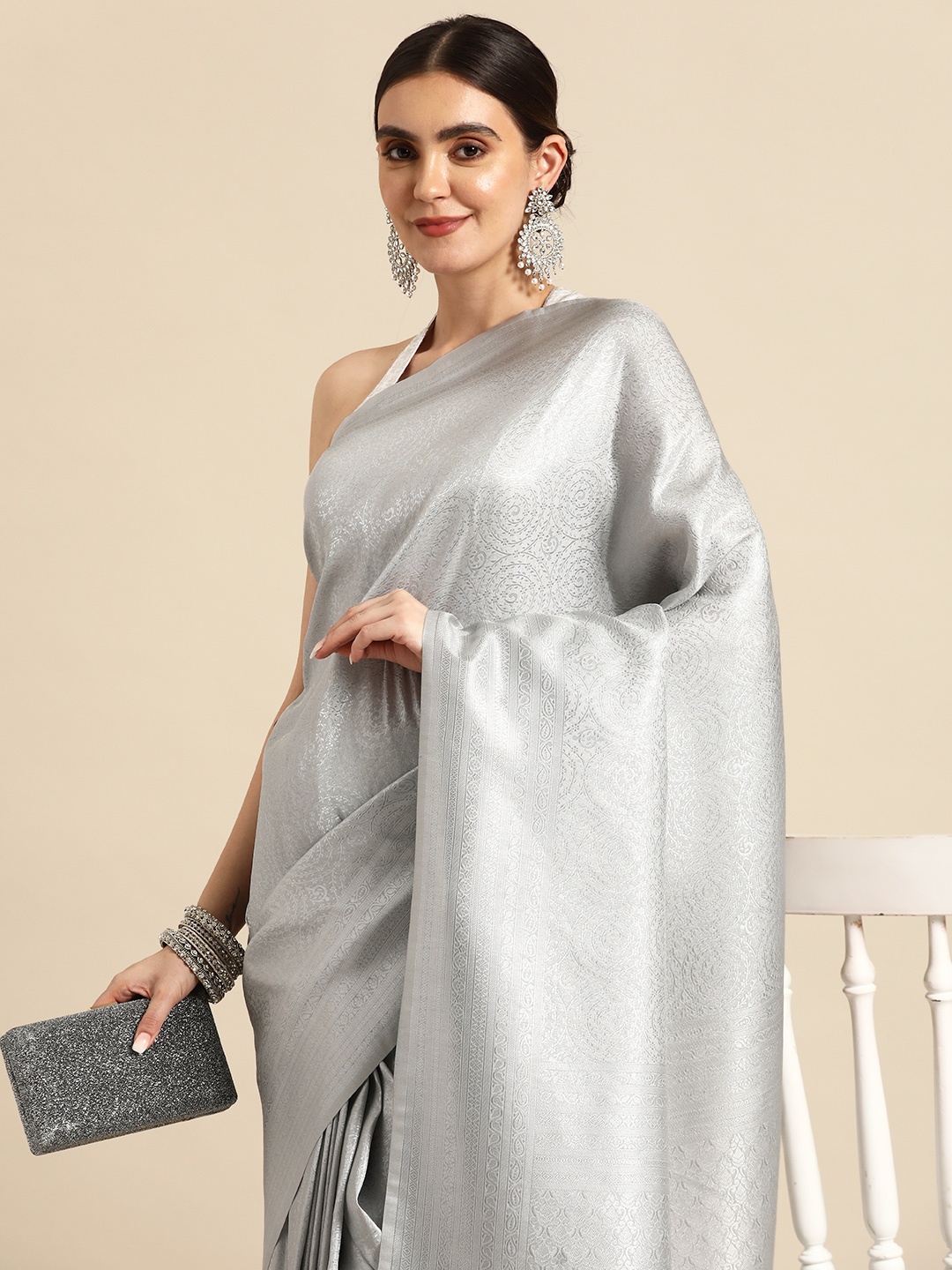 

SAARYA Ethnic Motifs Zari Kanjeevaram Saree, Silver