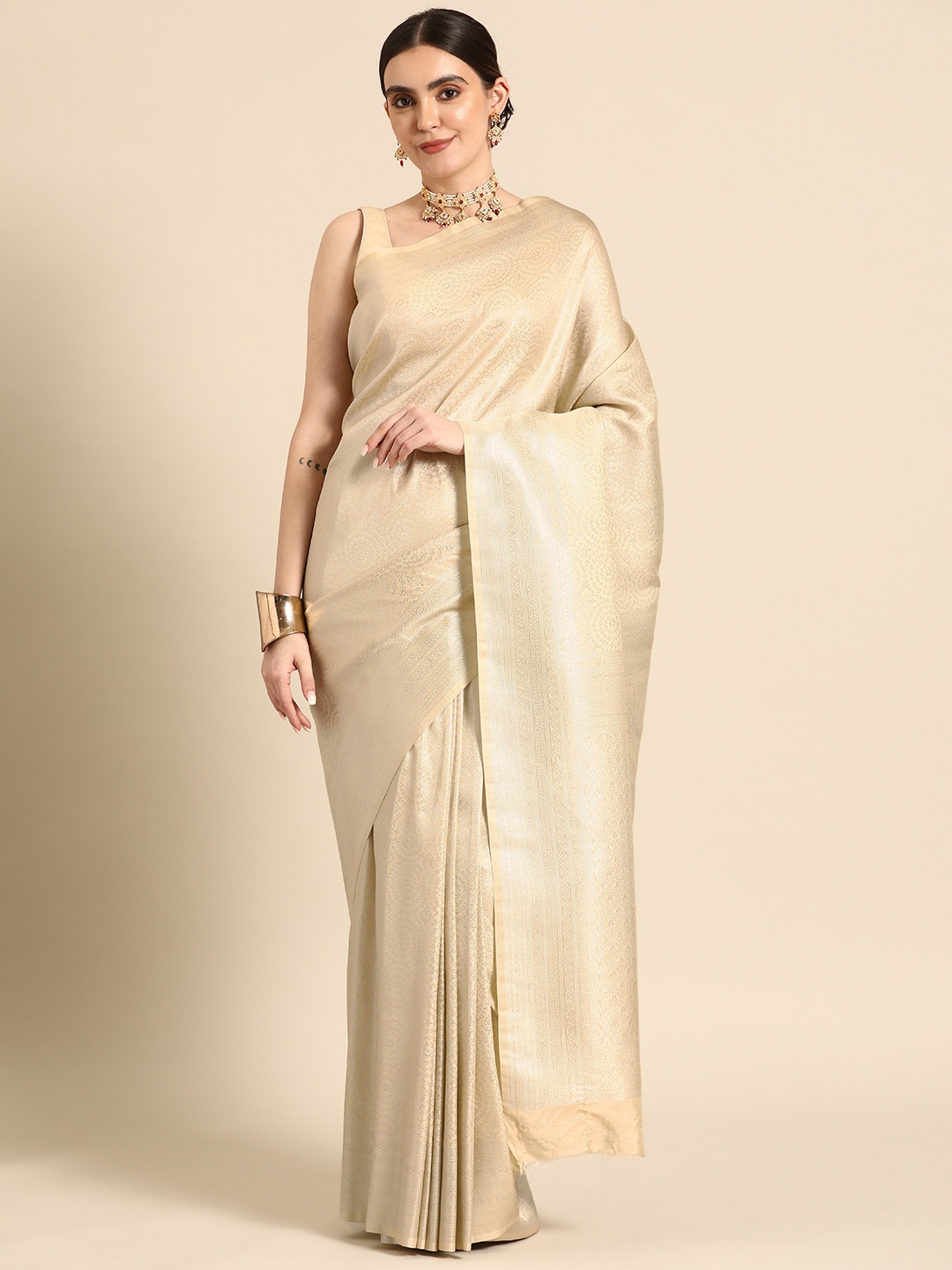 

SAARYA Ethnic Motifs Zari Kanjeevaram Saree, Cream