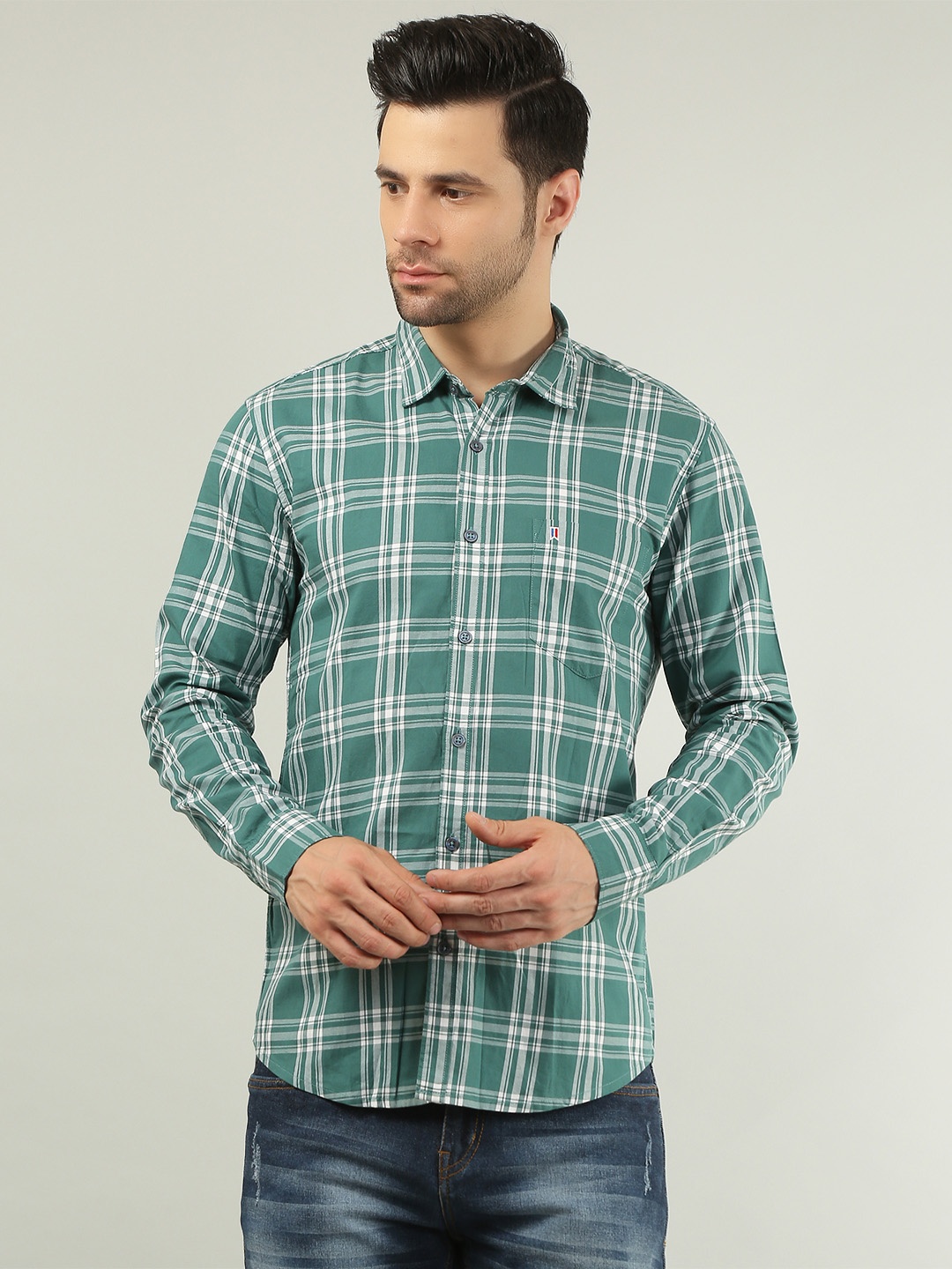 

TIM PARIS Standard Fit Checked Pure Cotton Casual Shirt, Green