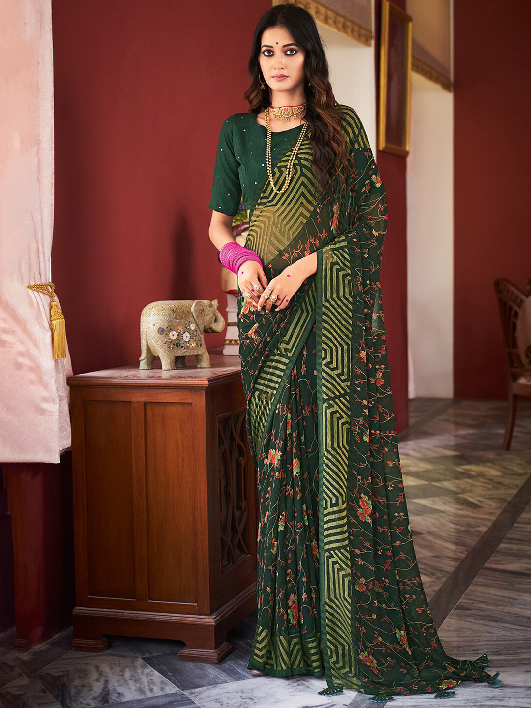 

Saree mall Green Red Floral Poly Georgette Sarees
