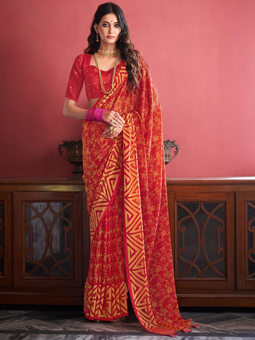 

Saree mall Red Yellow Floral Poly Georgette Sarees