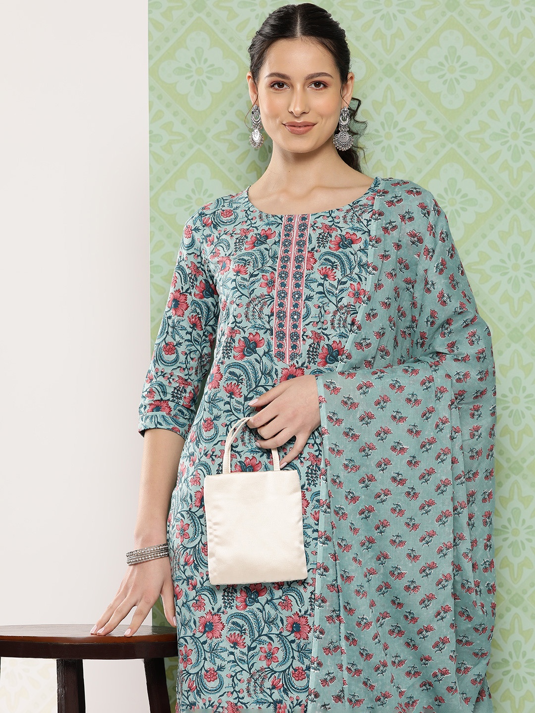 

Yufta Women Floral Printed Regular Sequinned Kurta with Trousers & Dupatta, Sea green