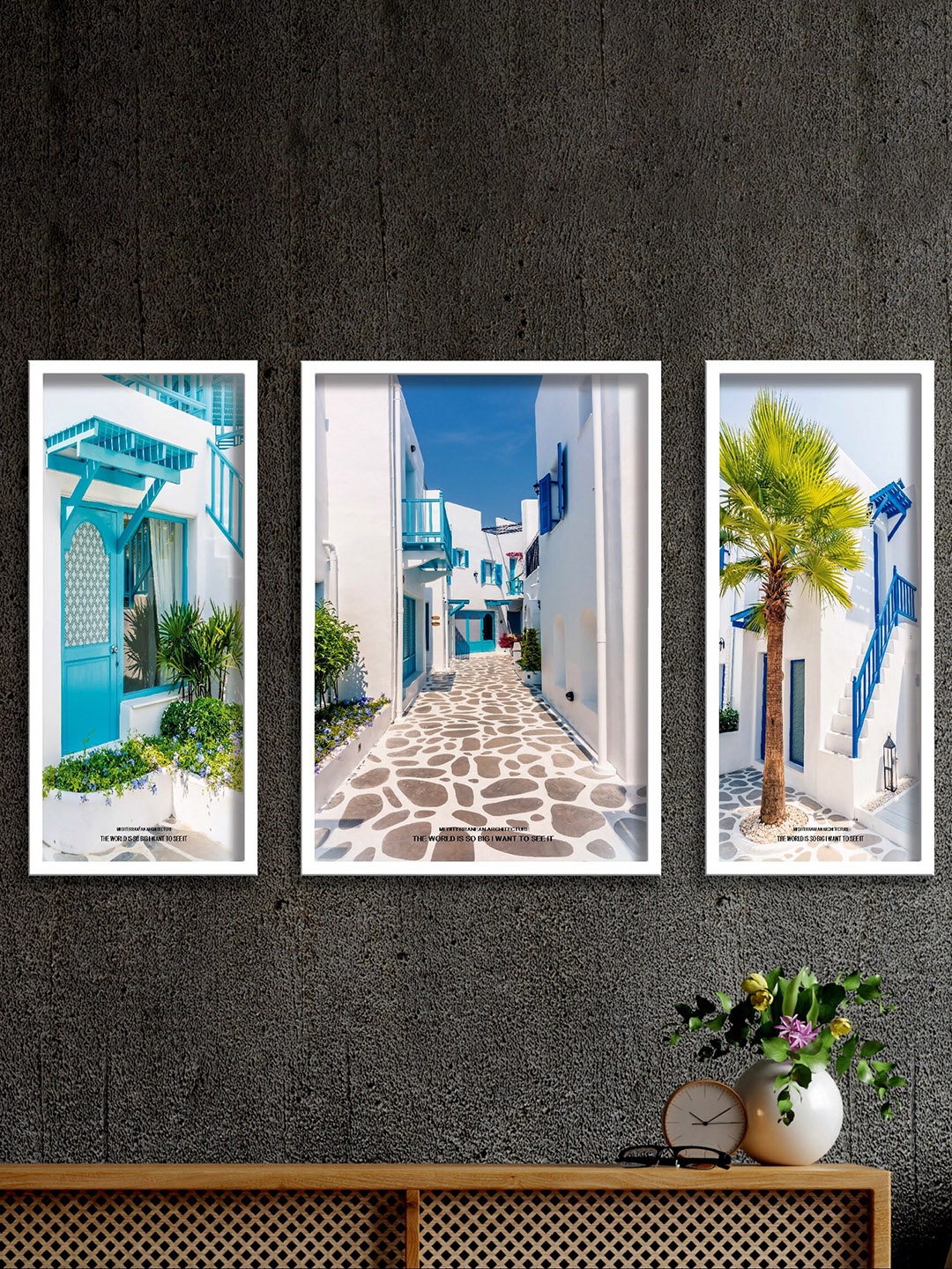 

SAF Blue & White 3-Pieces Beautiful Buildings Printed UV Coating Wall Art