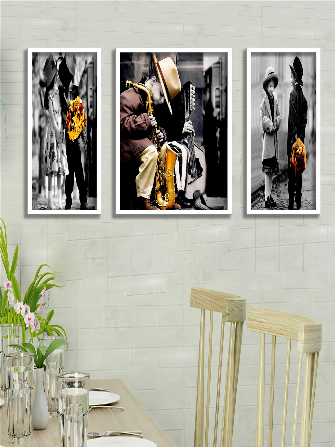 

SAF 3 Pieces Black & White Romantic Kids Couples Painting UV Coating Wall Art