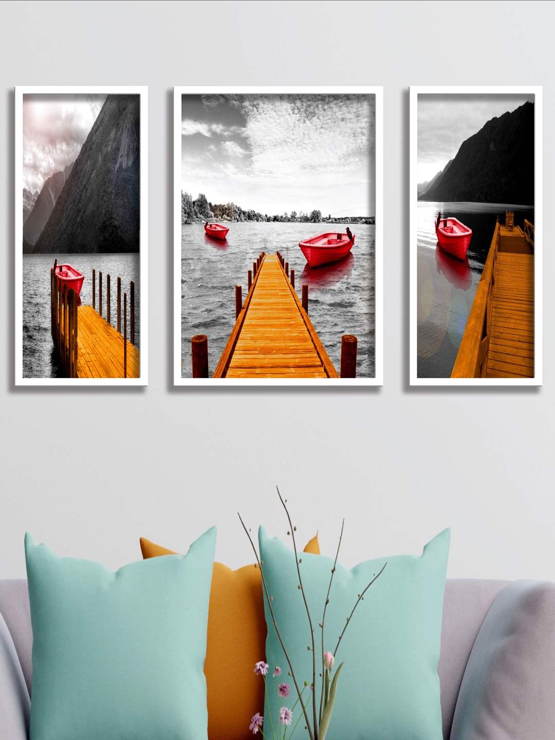 

SAF Grey & White 3 Pieces Water Bridge And Boat Painted UV Coating Wall Art