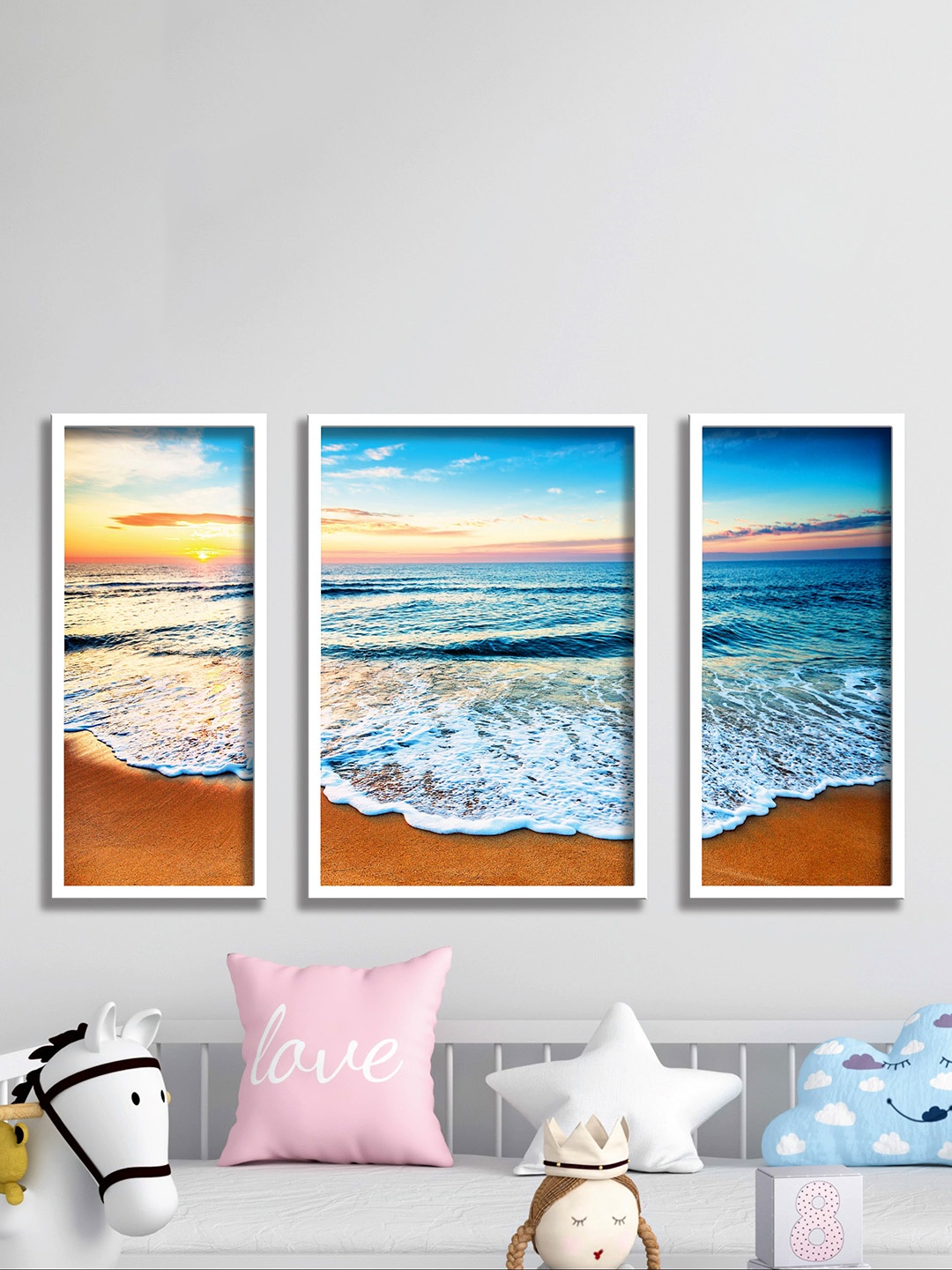 

SAF Blue & White 3 Pieces Sea & Waves Painted UV Coating Wall Art