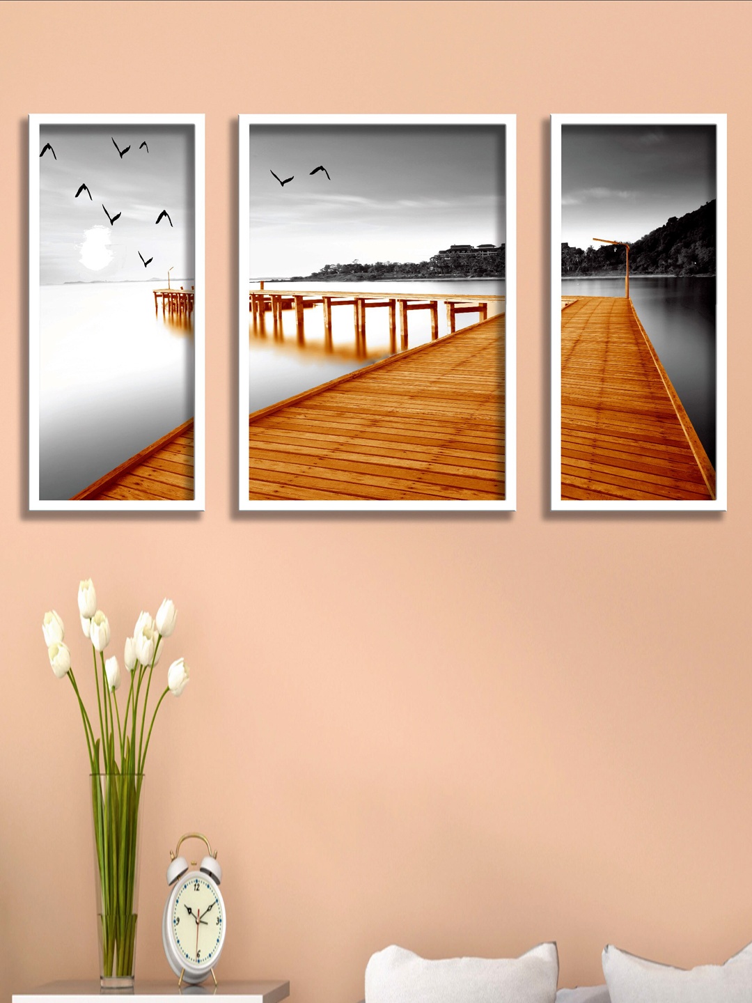 

SAF Grey & Beige 3 Pieces Water Bridge & Birds Painted UV Coating Wall Art