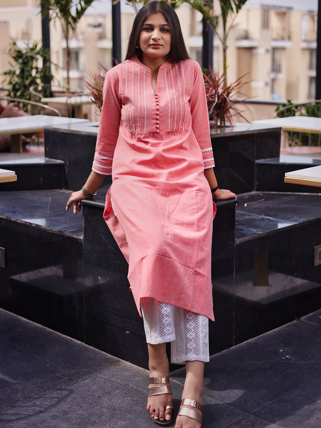 

Hatheli Lace Insert Floral Embroidered A-Line Cotton Kurta, Pink