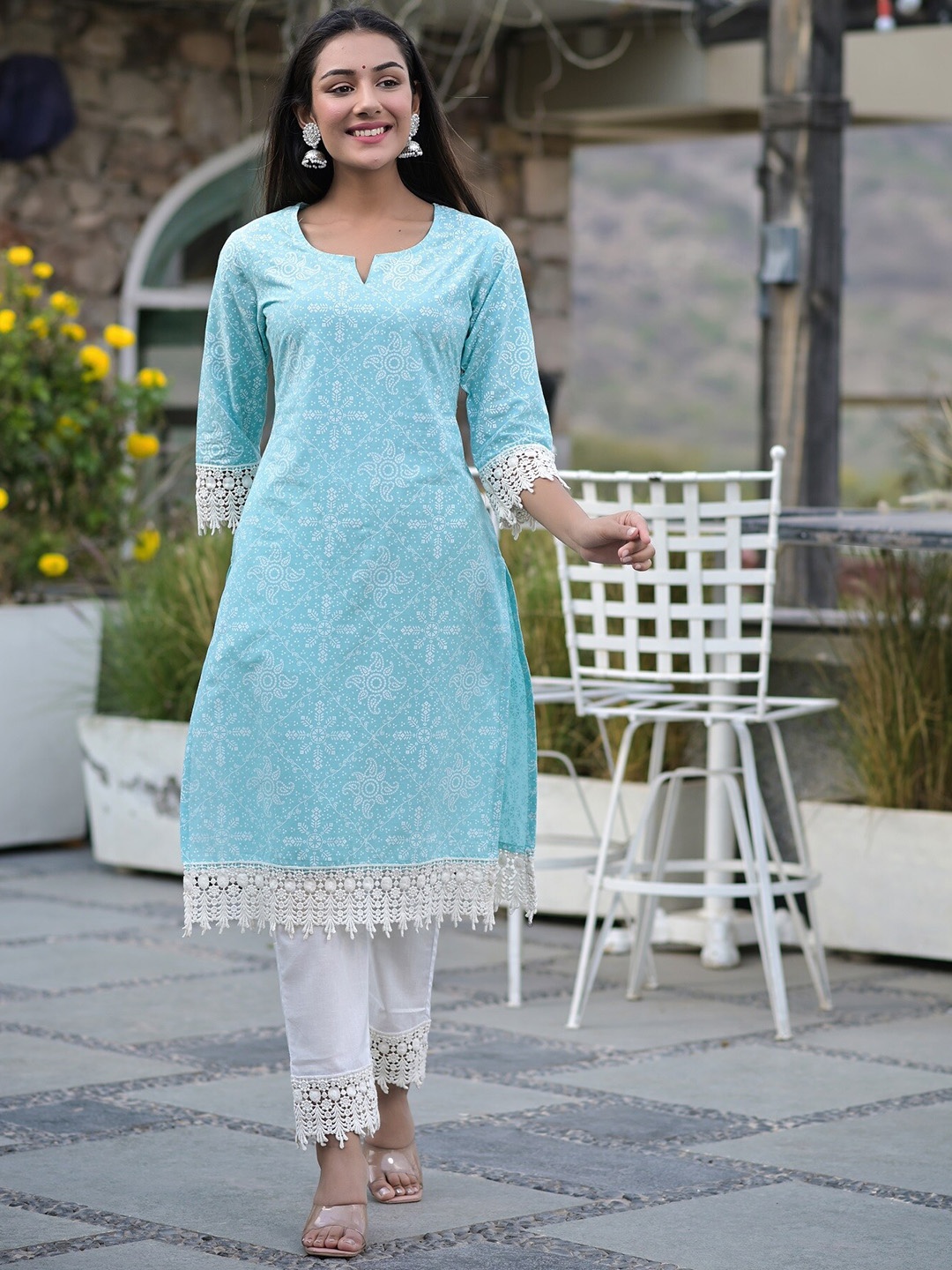

Hatheli Lace Insert Ethnic Motifs Printed A-Line Cotton Kurta, Blue
