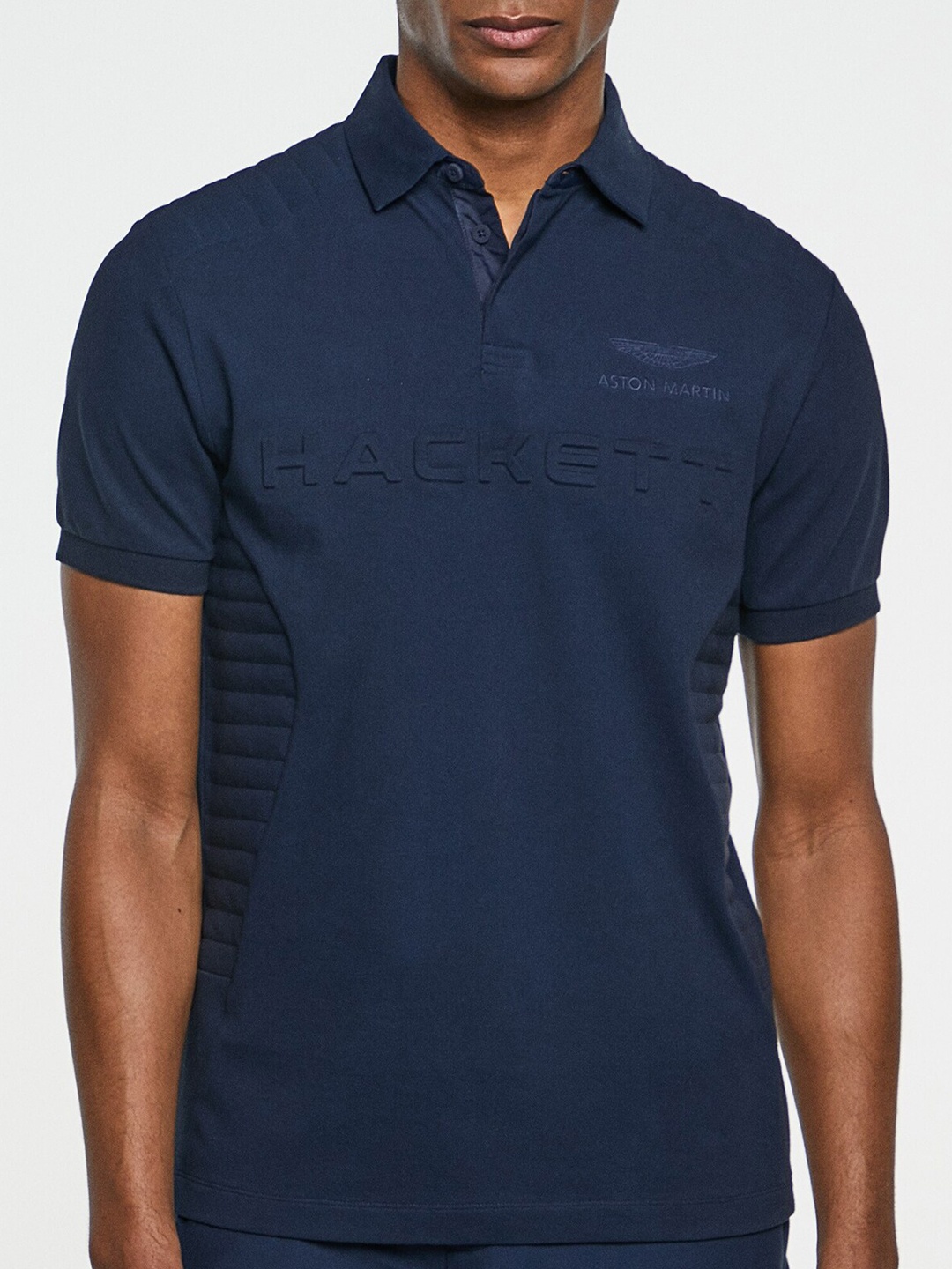 

HACKETT LONDON Embossed Typography Printed Polo Collar Cotton T-shirt, Navy blue