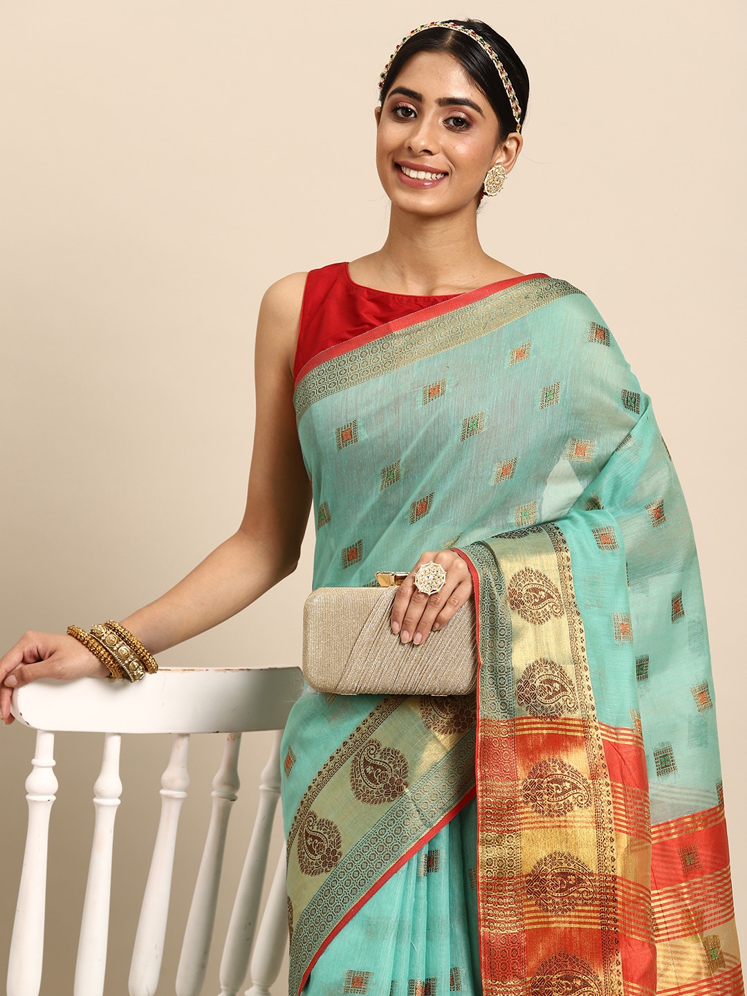 

Silk Land Teal & Gold-Toned Zari Banarasi Saree