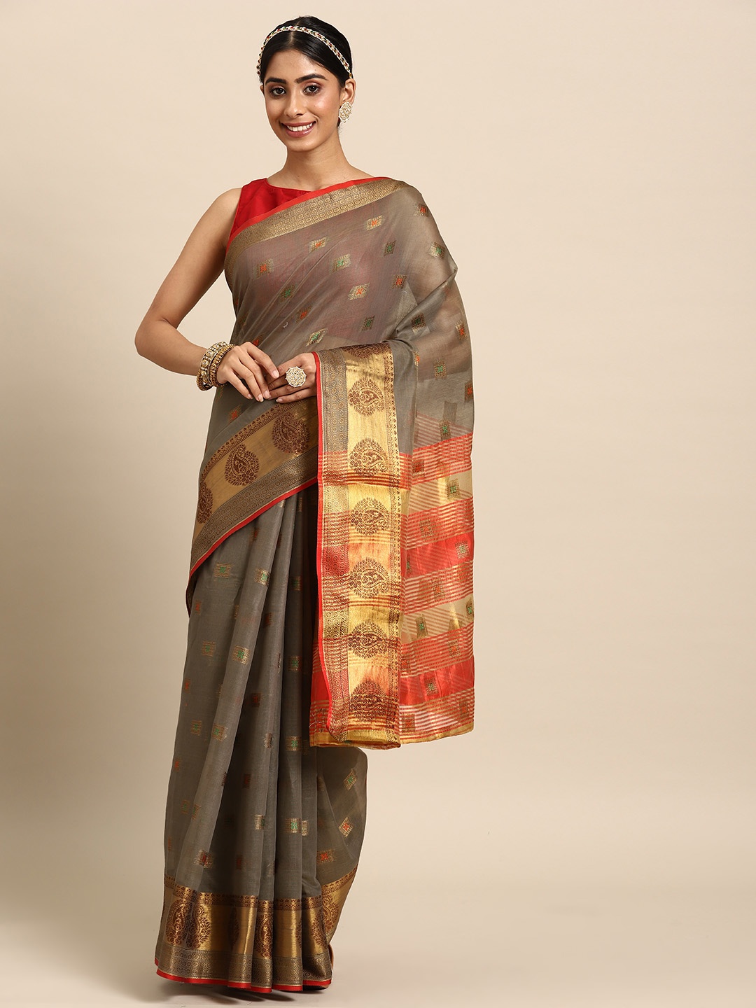 

Silk Land Grey & Gold-Toned Zari Banarasi Saree