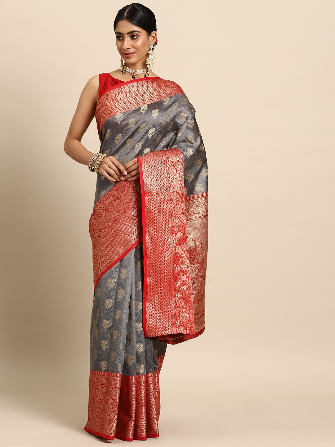 

Silk Land Grey & Red Ethnic Motifs Zari Art Silk Banarasi Saree