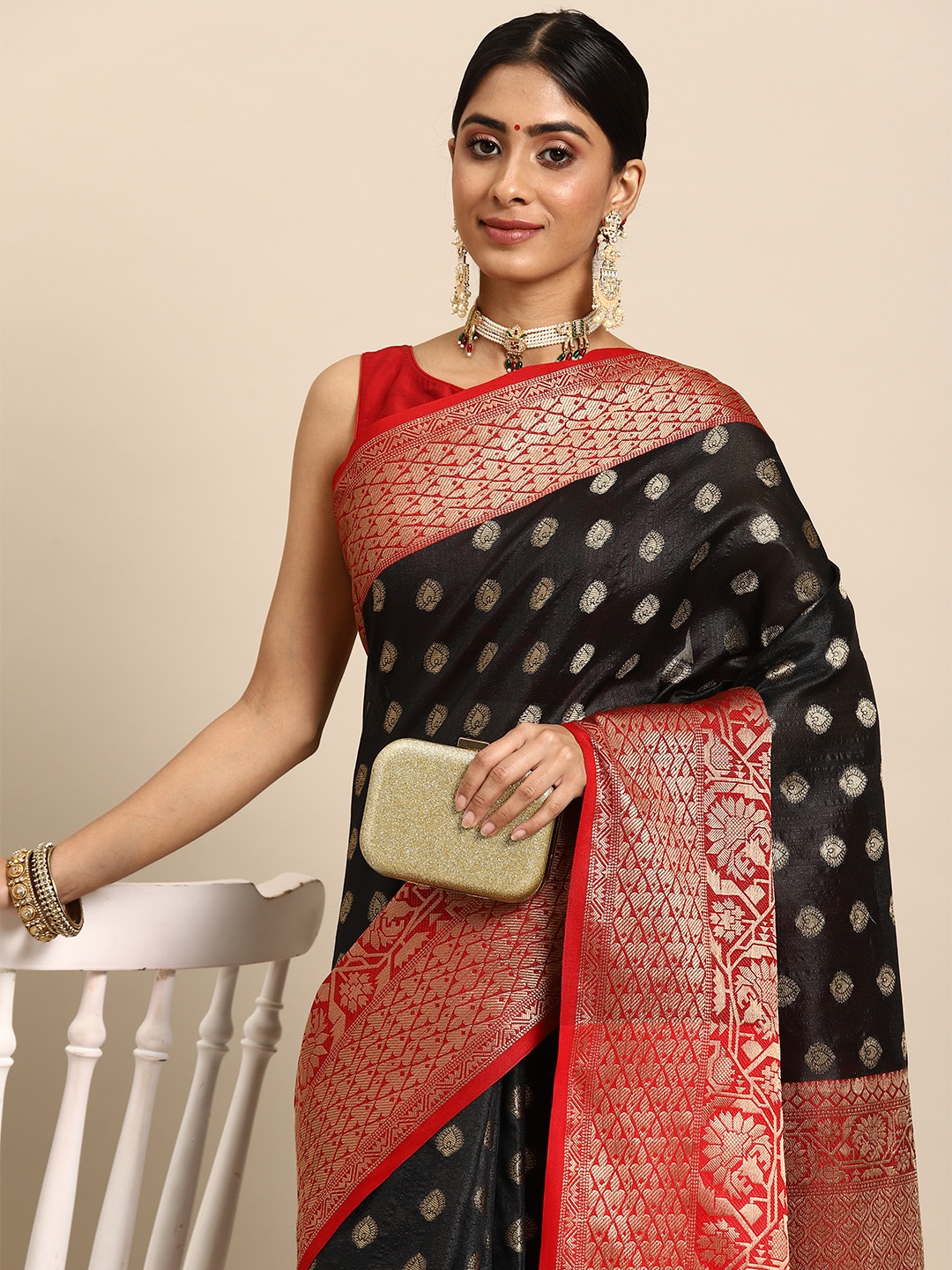 

Silk Land Black & Red Ethnic Motifs Zari Art Silk Banarasi Saree
