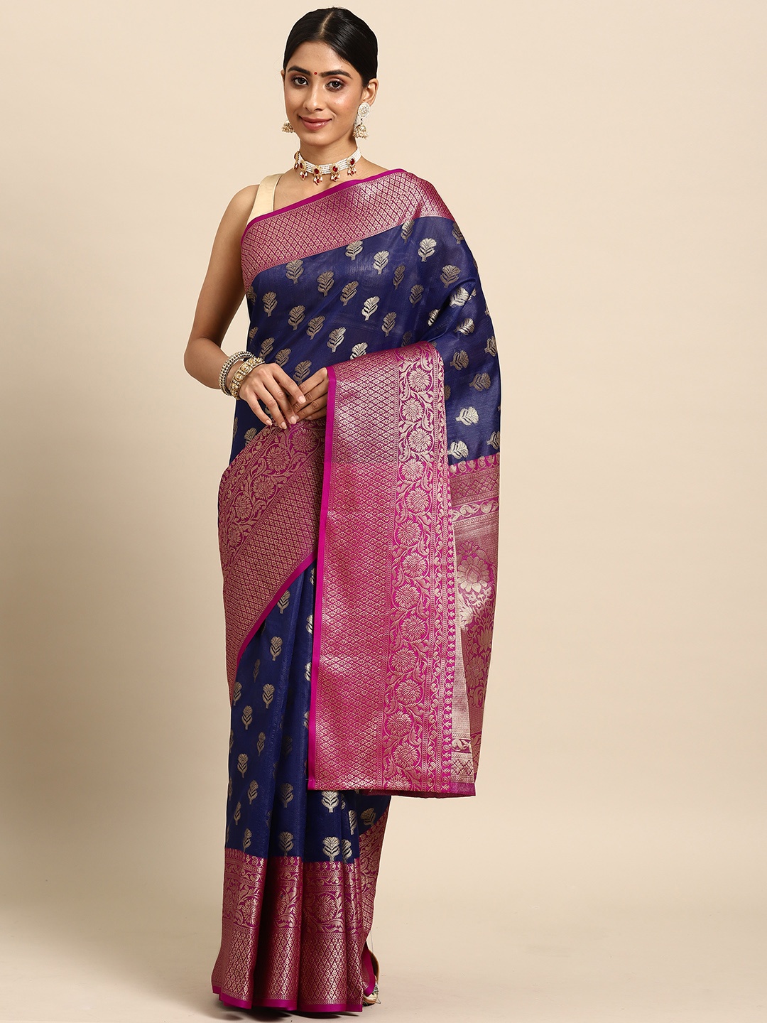 

Silk Land Navy Blue & Purple Ethnic Motifs Zari Art Silk Banarasi Saree