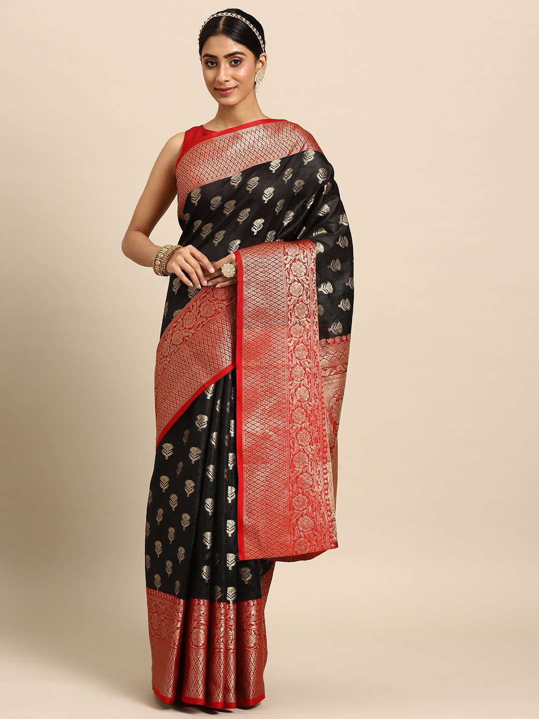 

Silk Land Black & Red Ethnic Motifs Zari Art Silk Banarasi Saree