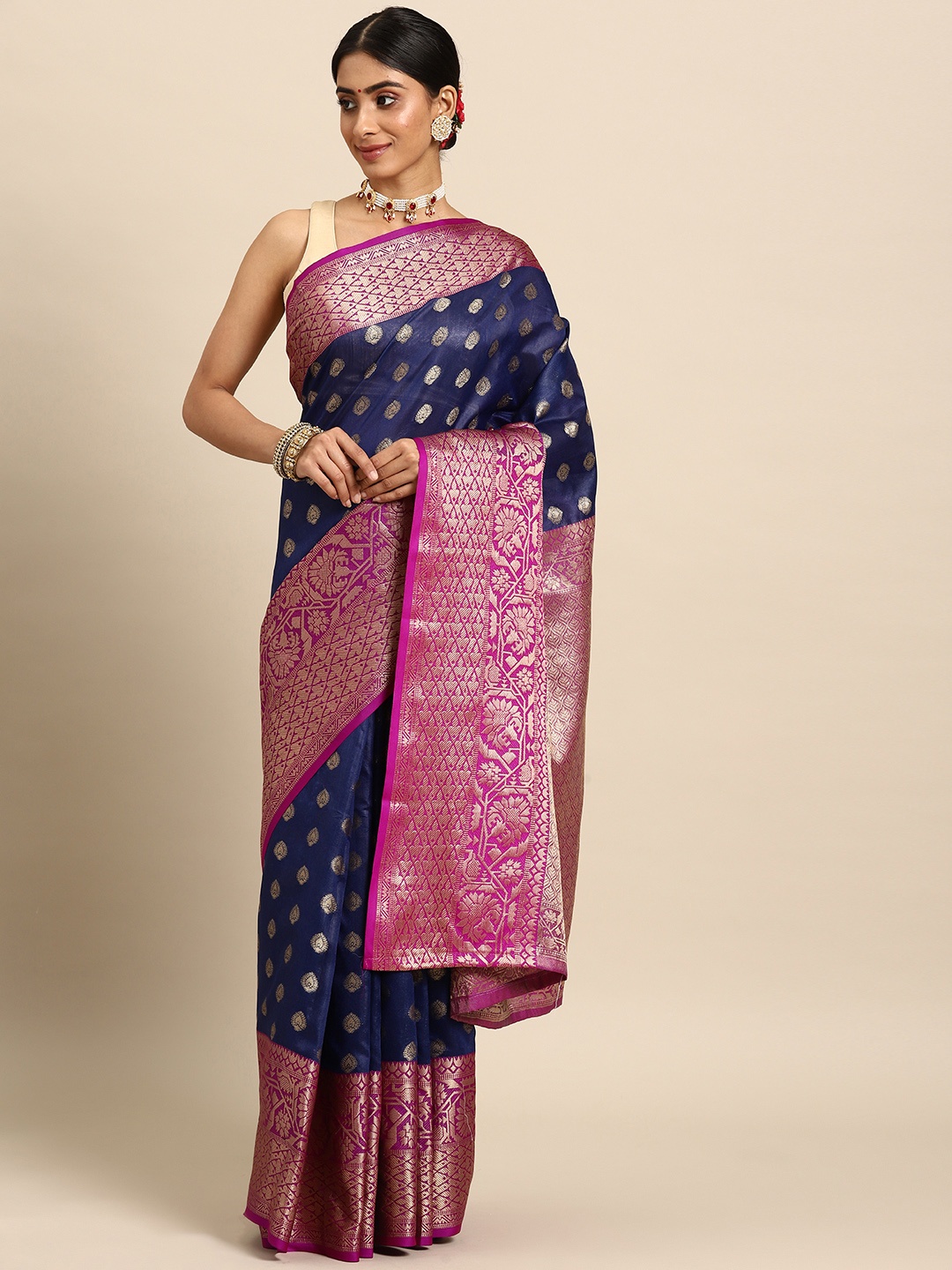 

Silk Land Navy Blue & Purple Ethnic Motifs Zari Art Silk Banarasi Saree