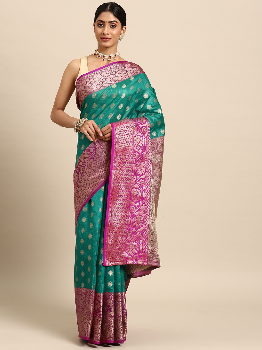 

Silk Land Teal & Purple Ethnic Motifs Zari Art Silk Banarasi Saree