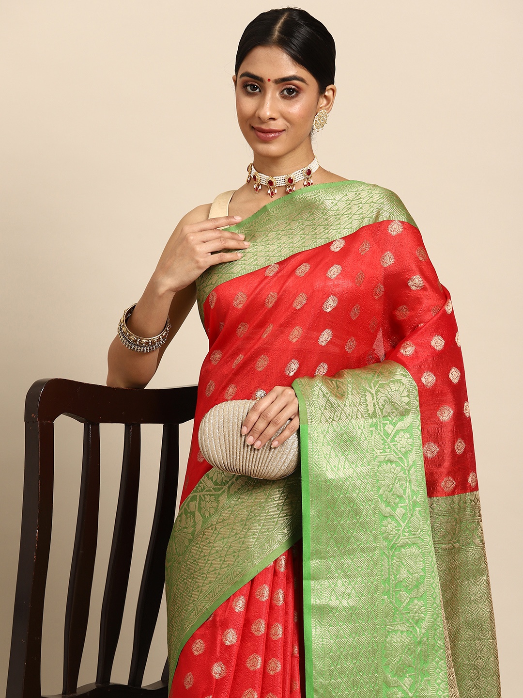 

Silk Land Red & Green Ethnic Motifs Zari Art Silk Banarasi Saree