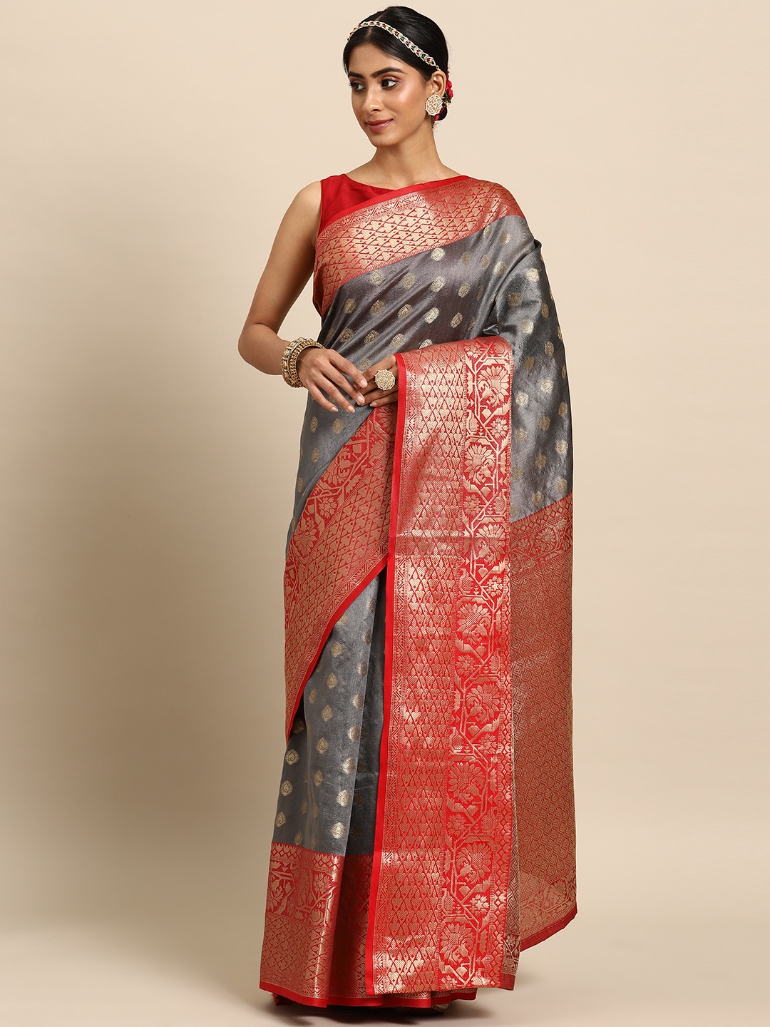 

Silk Land Grey & Red Ethnic Motifs Zari Art Silk Banarasi Saree