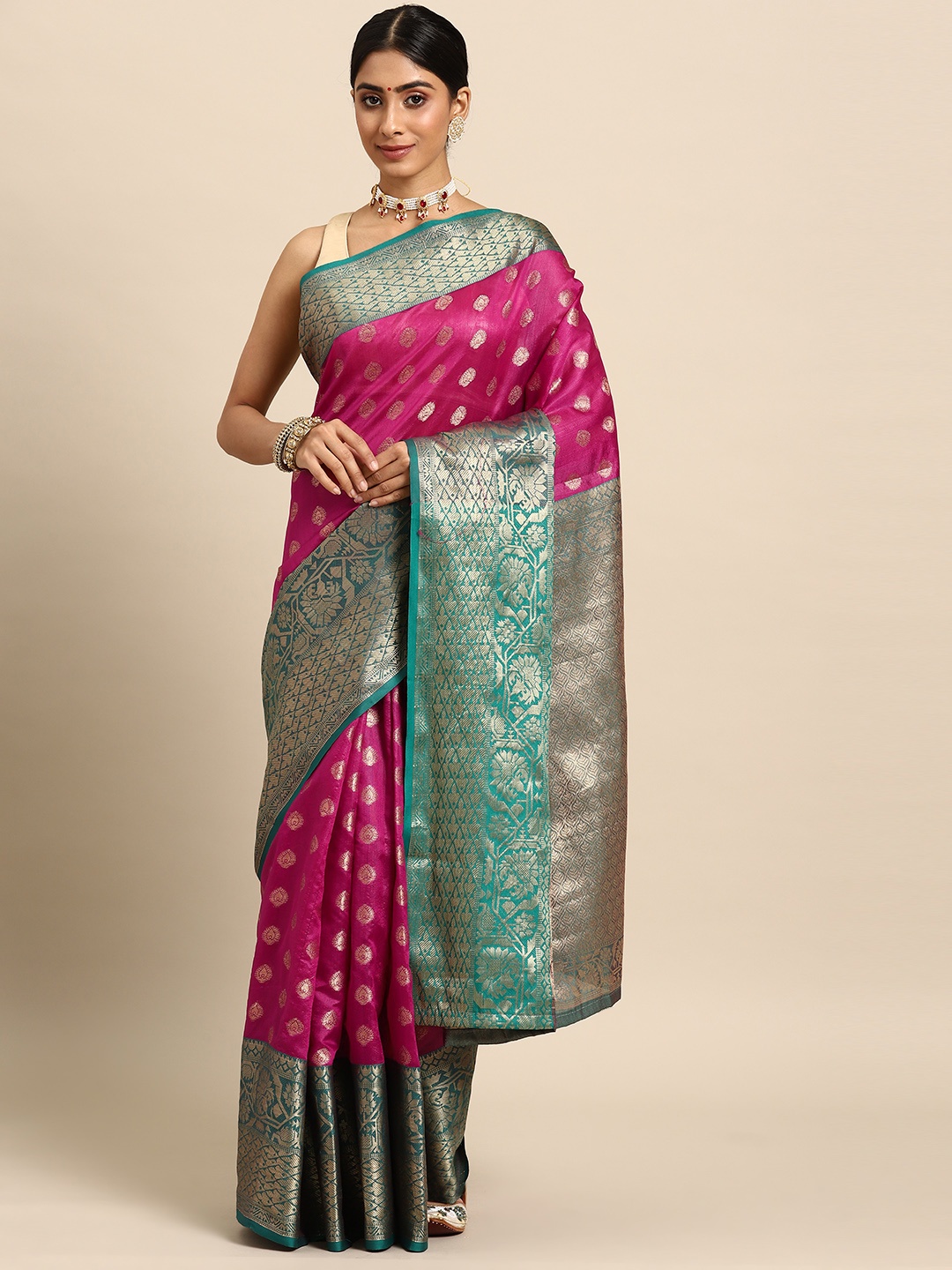 

Silk Land Pink & Teal Ethnic Motifs Zari Art Silk Banarasi Saree