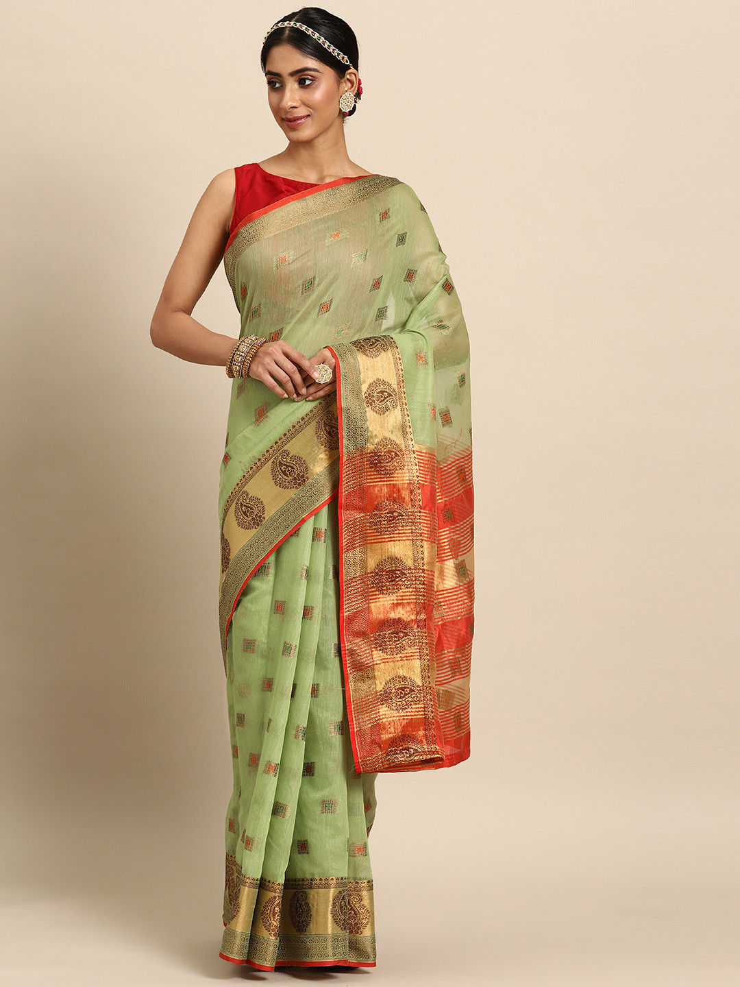 

Silk Land Green & Gold-Toned Zari Banarasi Saree