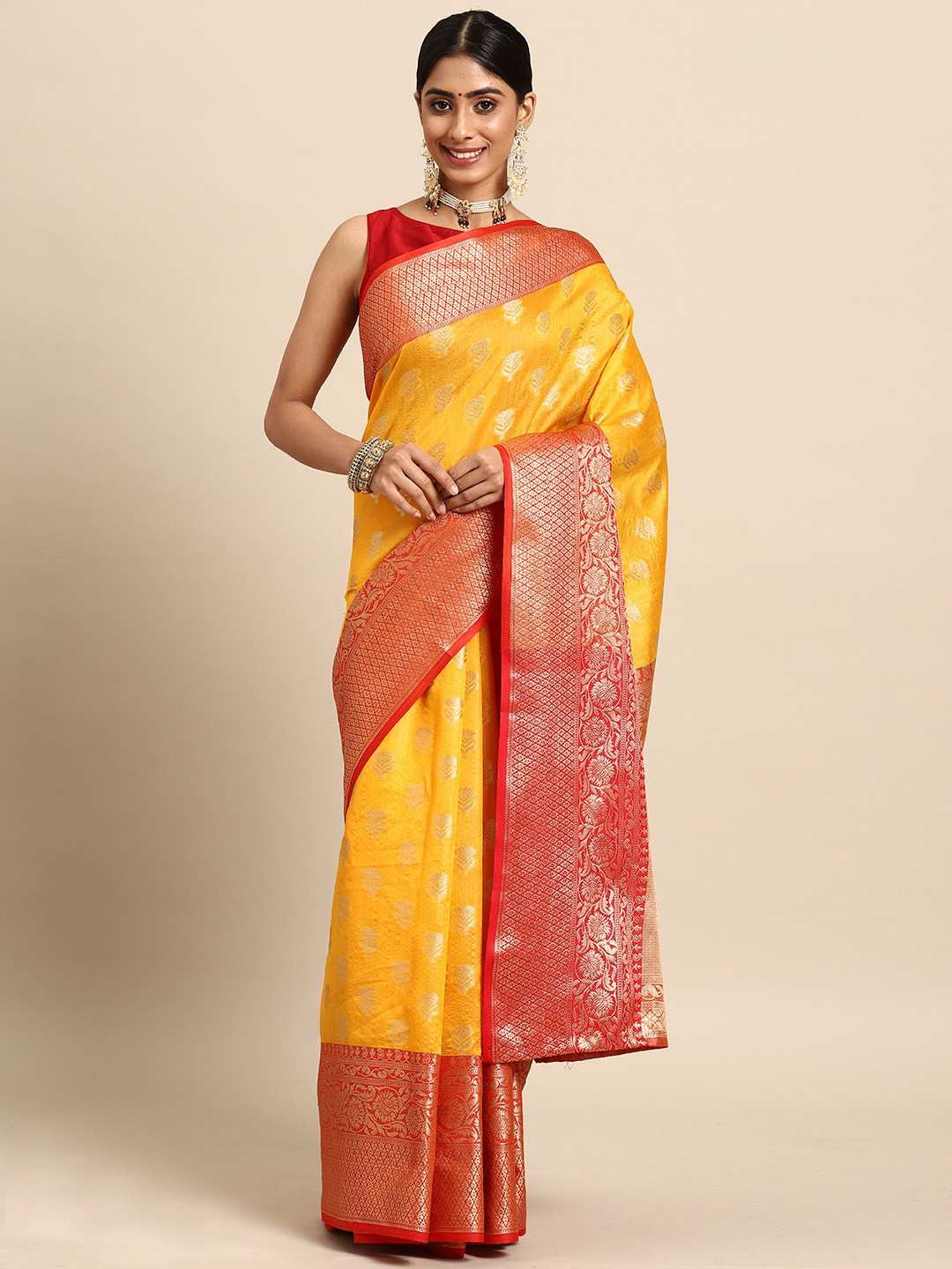 

Silk Land Yellow & Red Ethnic Motifs Zari Art Silk Banarasi Saree