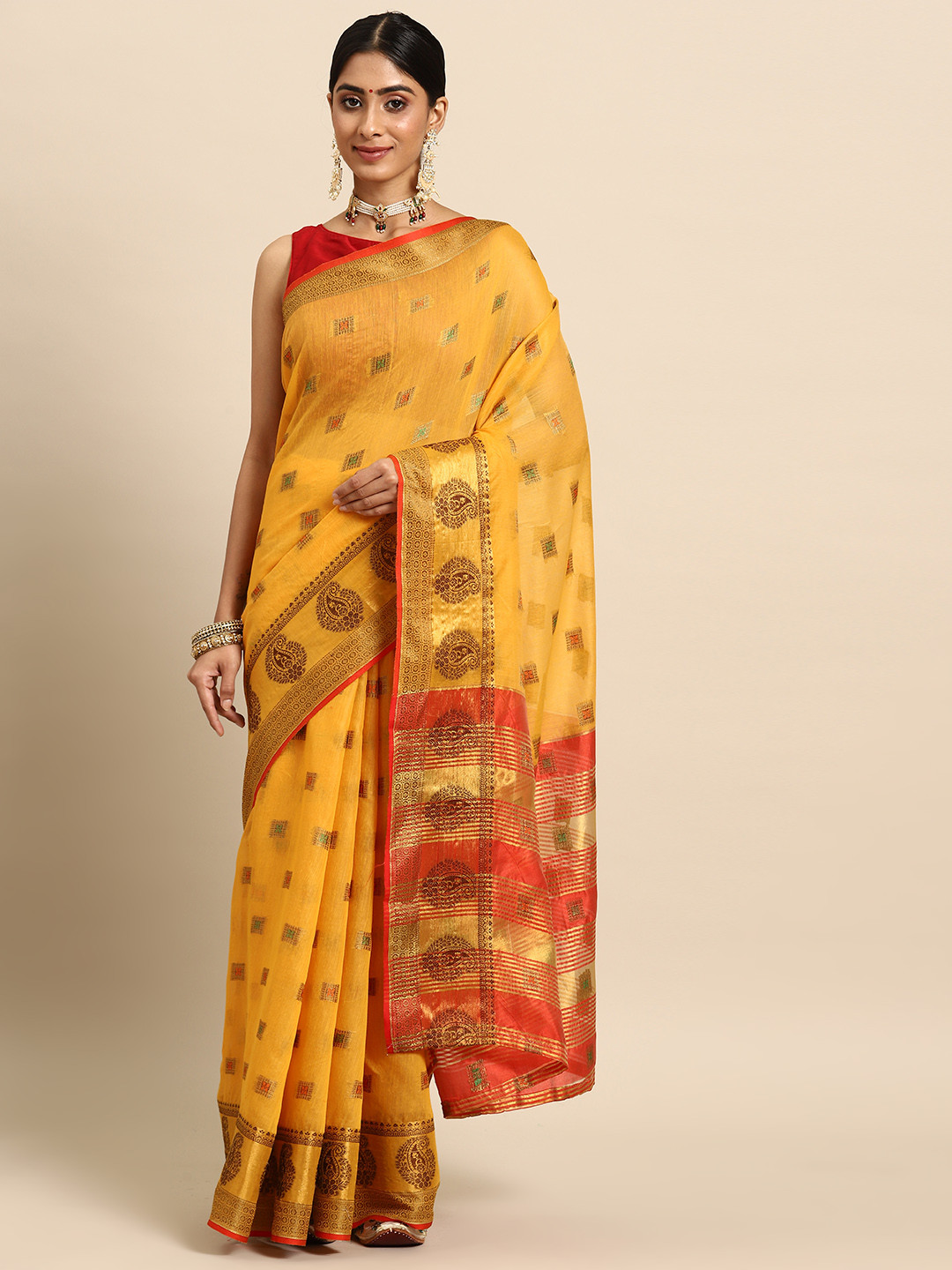 

Silk Land Mustard & Gold-Toned Zari Banarasi Saree