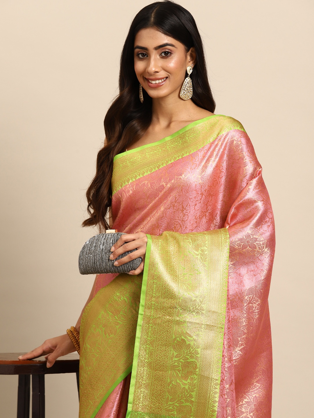 

Silk Land Pink & Green Floral Zari Tissue Kanjeevaram Saree