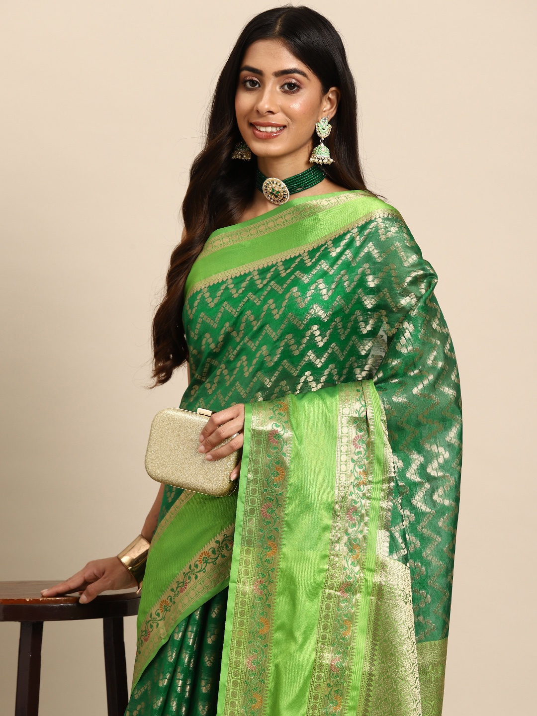 

Silk Land Green Zari Silk Blend Paithani Saree