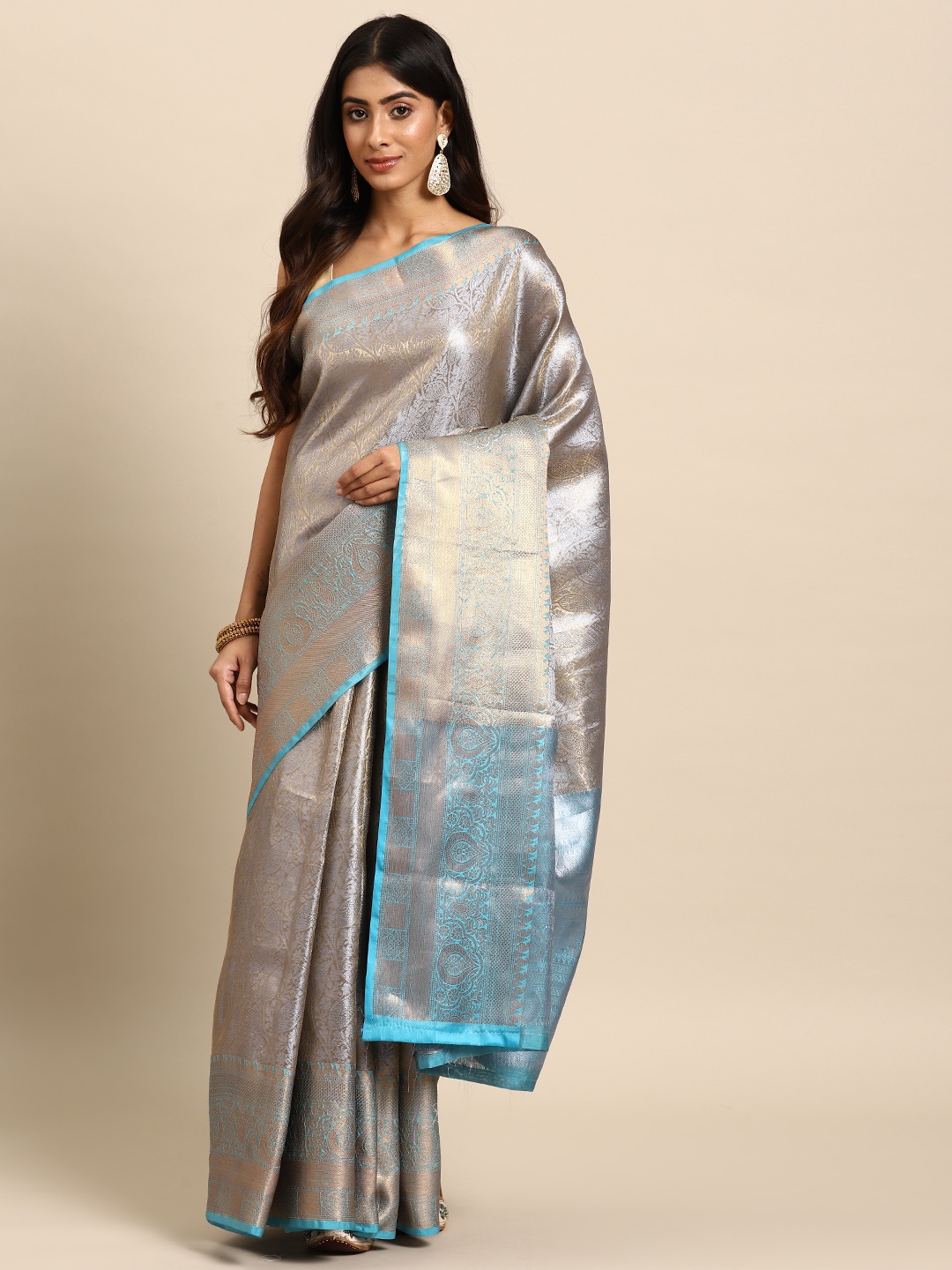 

Silk Land Blue Floral Zari Tissue Kanjeevaram Saree