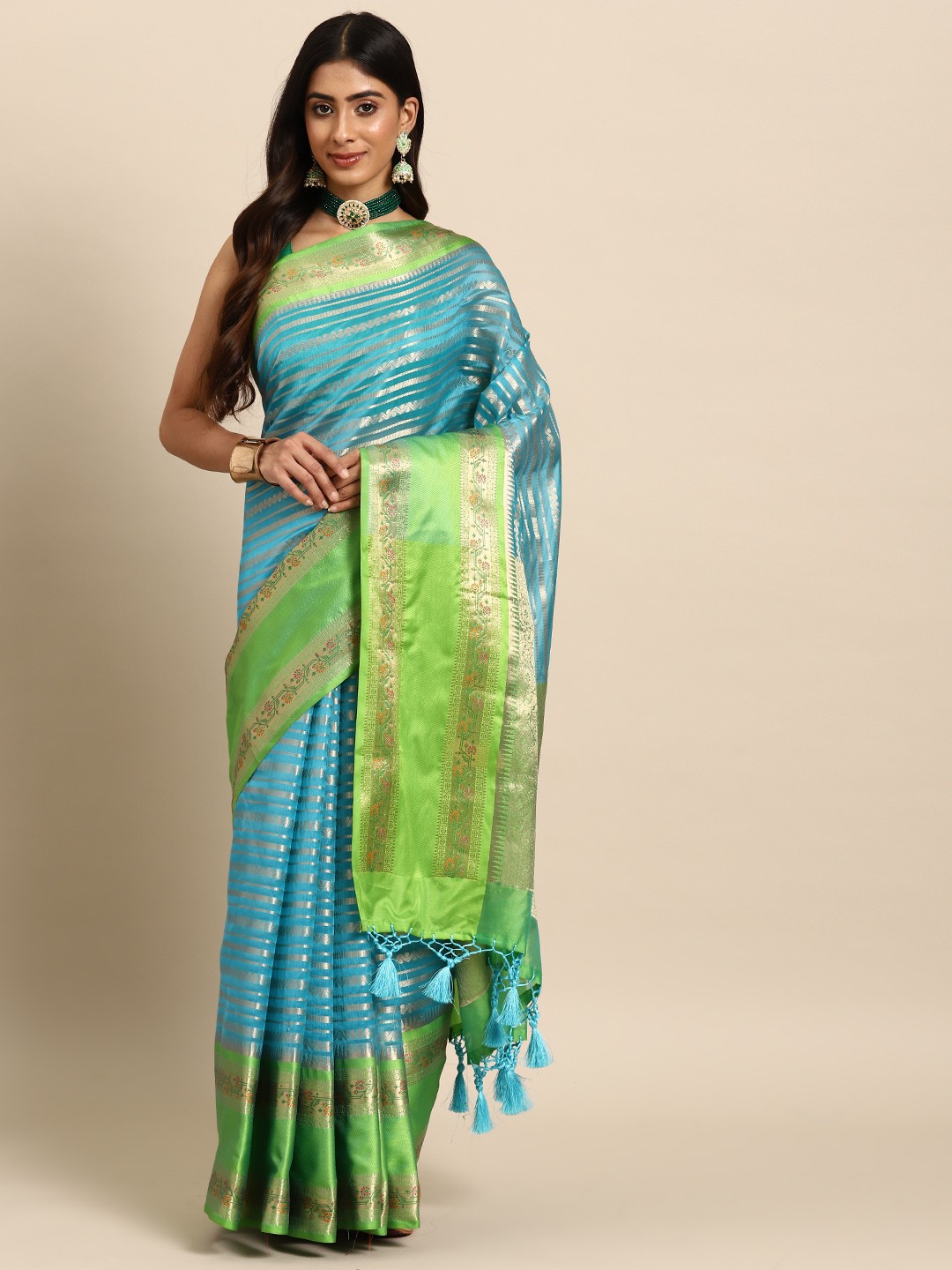 

Silk Land Blue & Green Striped Zari Silk Blend Paithani Saree