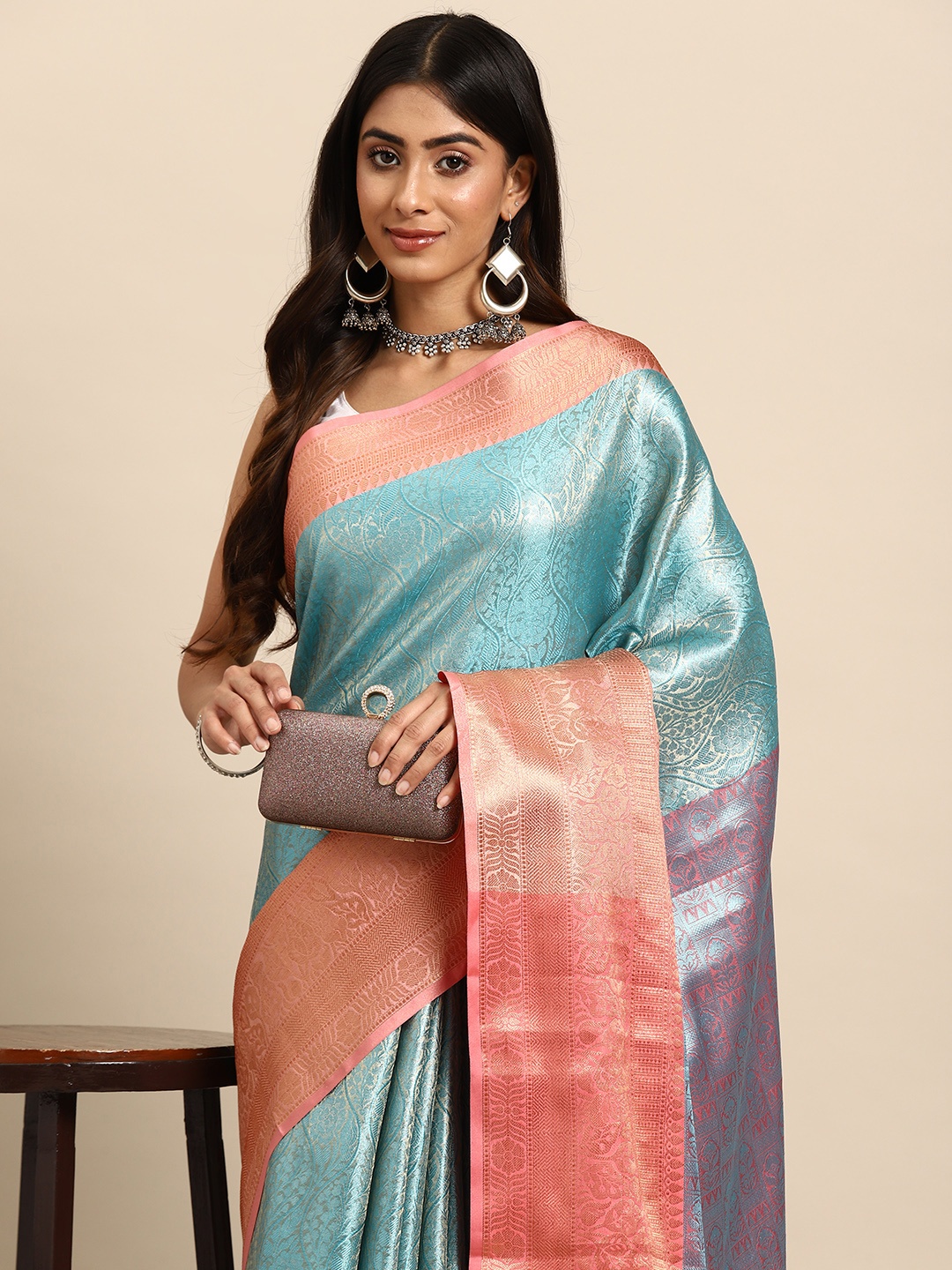 

Silk Land Teal Floral Zari Tissue Kanjeevaram Saree